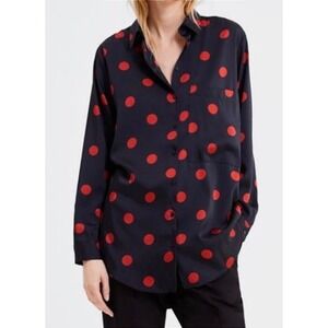 Zara Polka Dot Blouse Women Size L Navy Red Button Up Long Sleeve Oversized